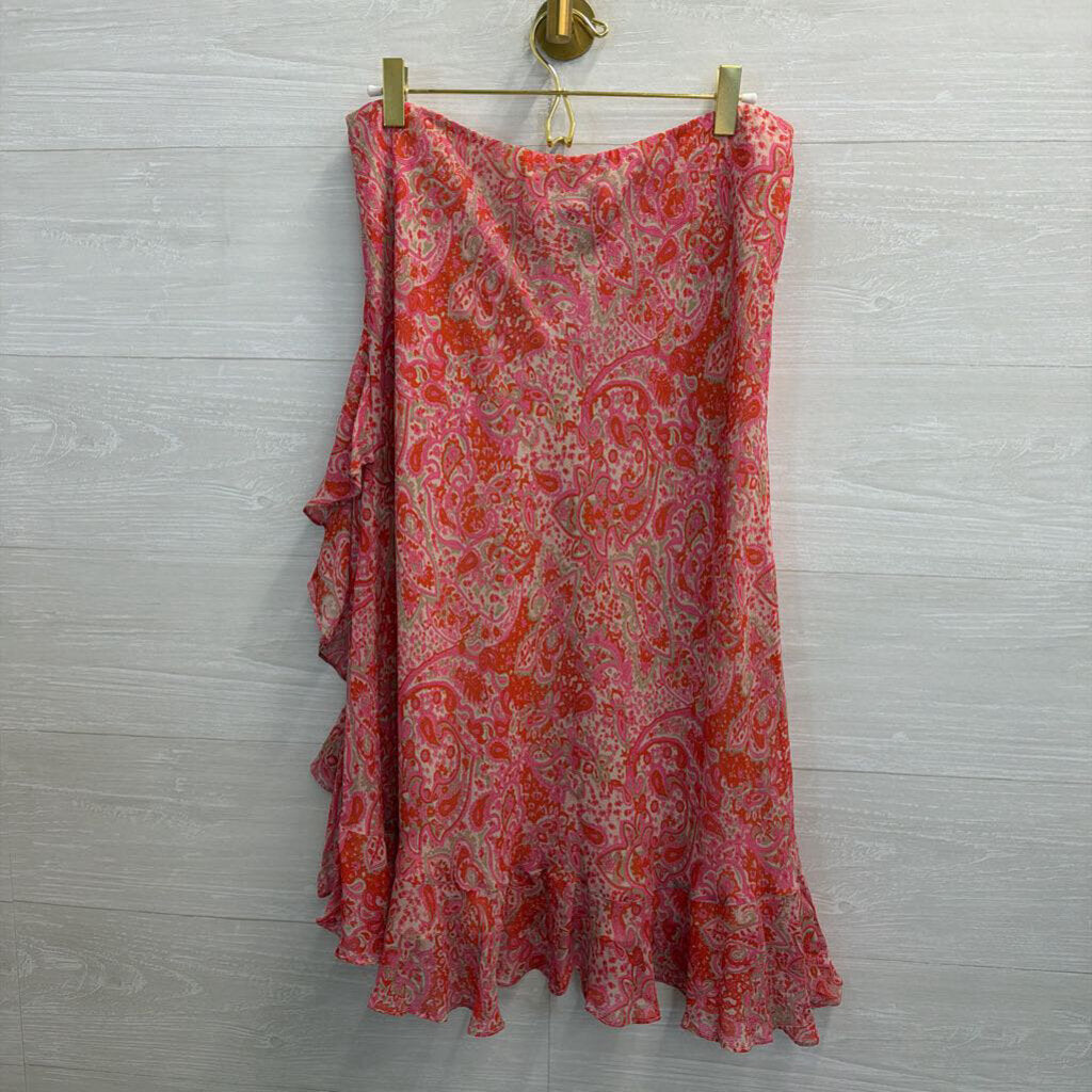 Silkland Pink Print 100% Silk Midi Skirt Large