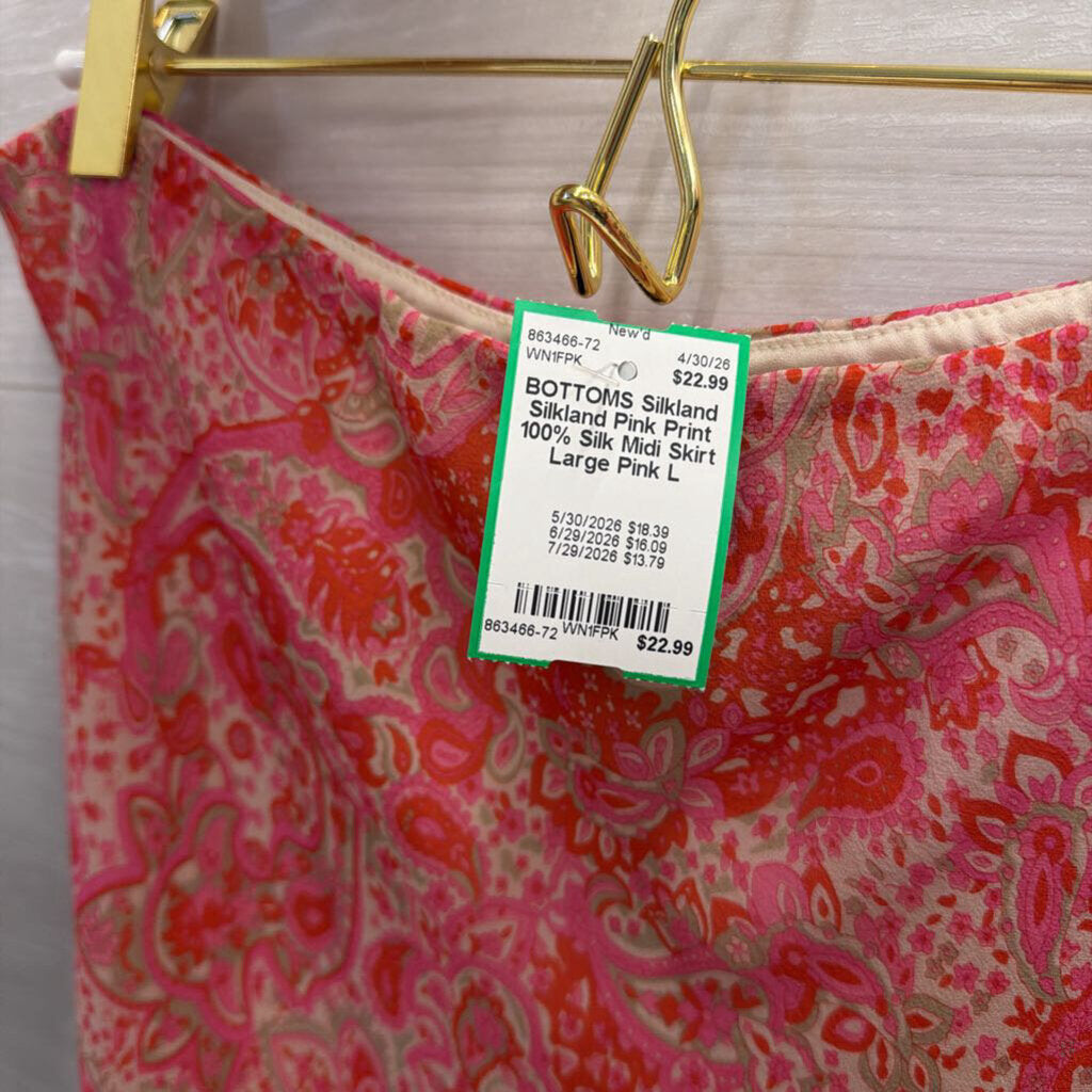 Silkland Pink Print 100% Silk Midi Skirt Large