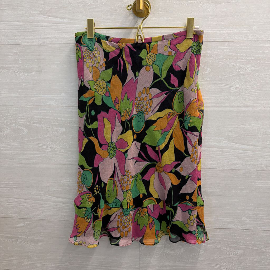 Rafaella Black/ Multi Print 100% Silk Midi Skirt 8