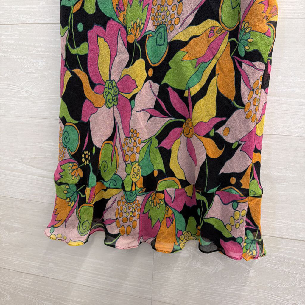 Rafaella Black/ Multi Print 100% Silk Midi Skirt 8
