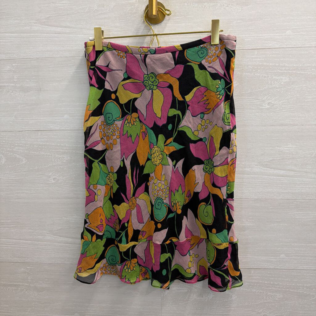 Rafaella Black/ Multi Print 100% Silk Midi Skirt 8