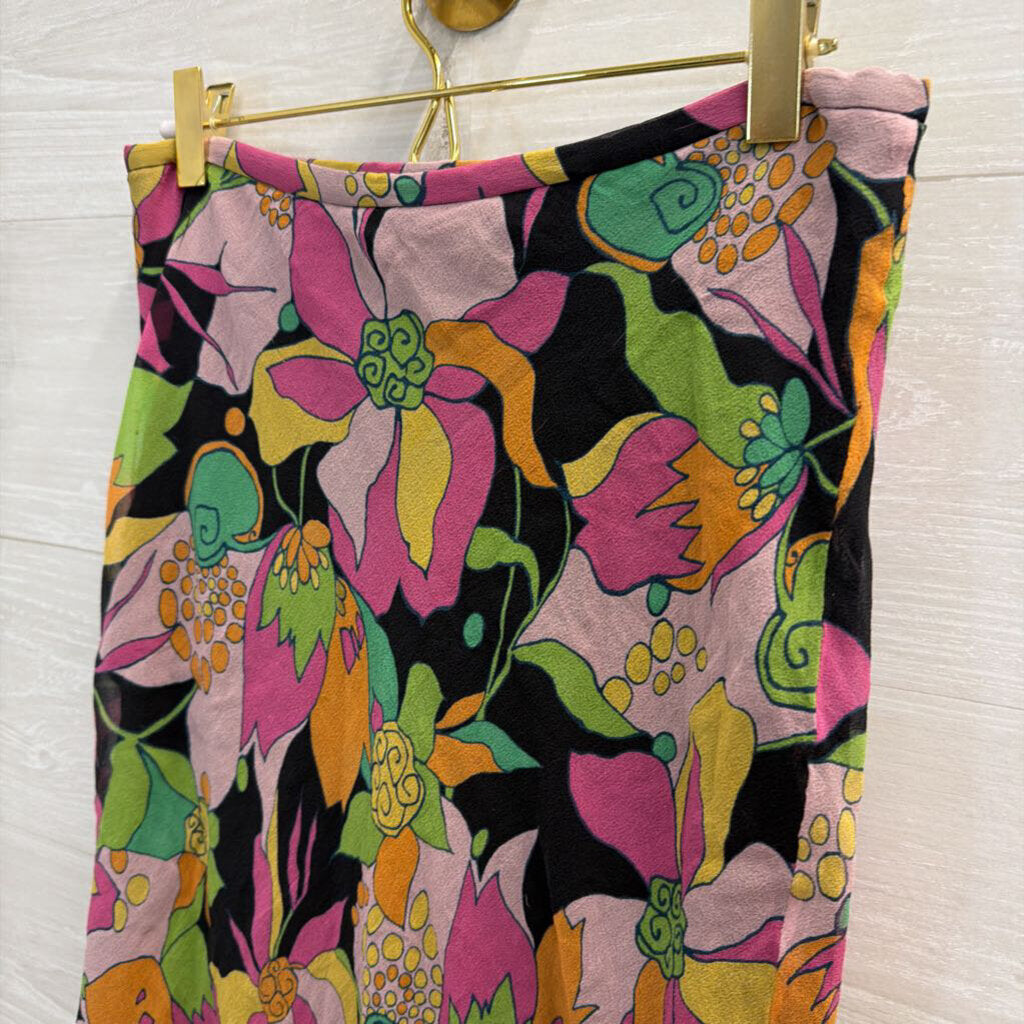 Rafaella Black/ Multi Print 100% Silk Midi Skirt 8
