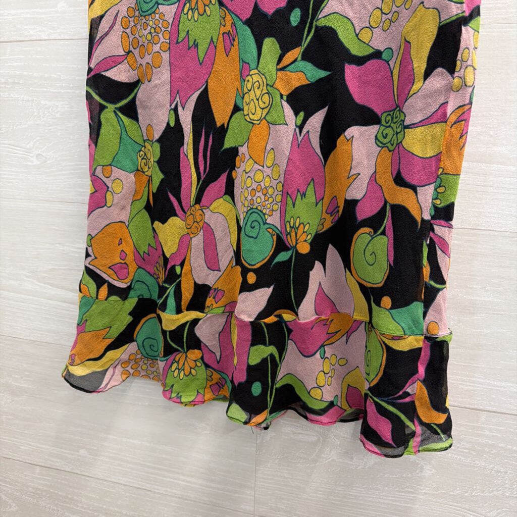 Rafaella Black/ Multi Print 100% Silk Midi Skirt 8
