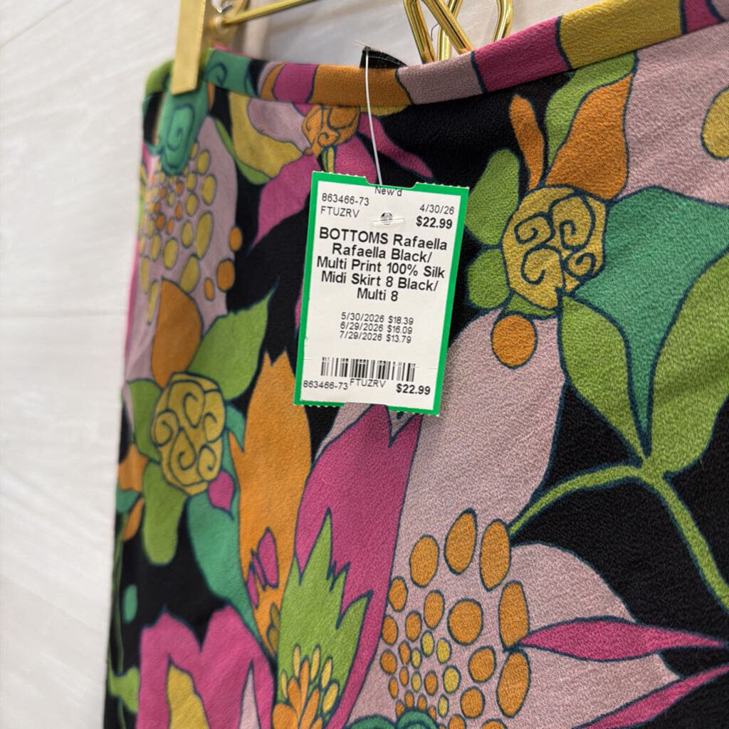 Rafaella Black/ Multi Print 100% Silk Midi Skirt 8
