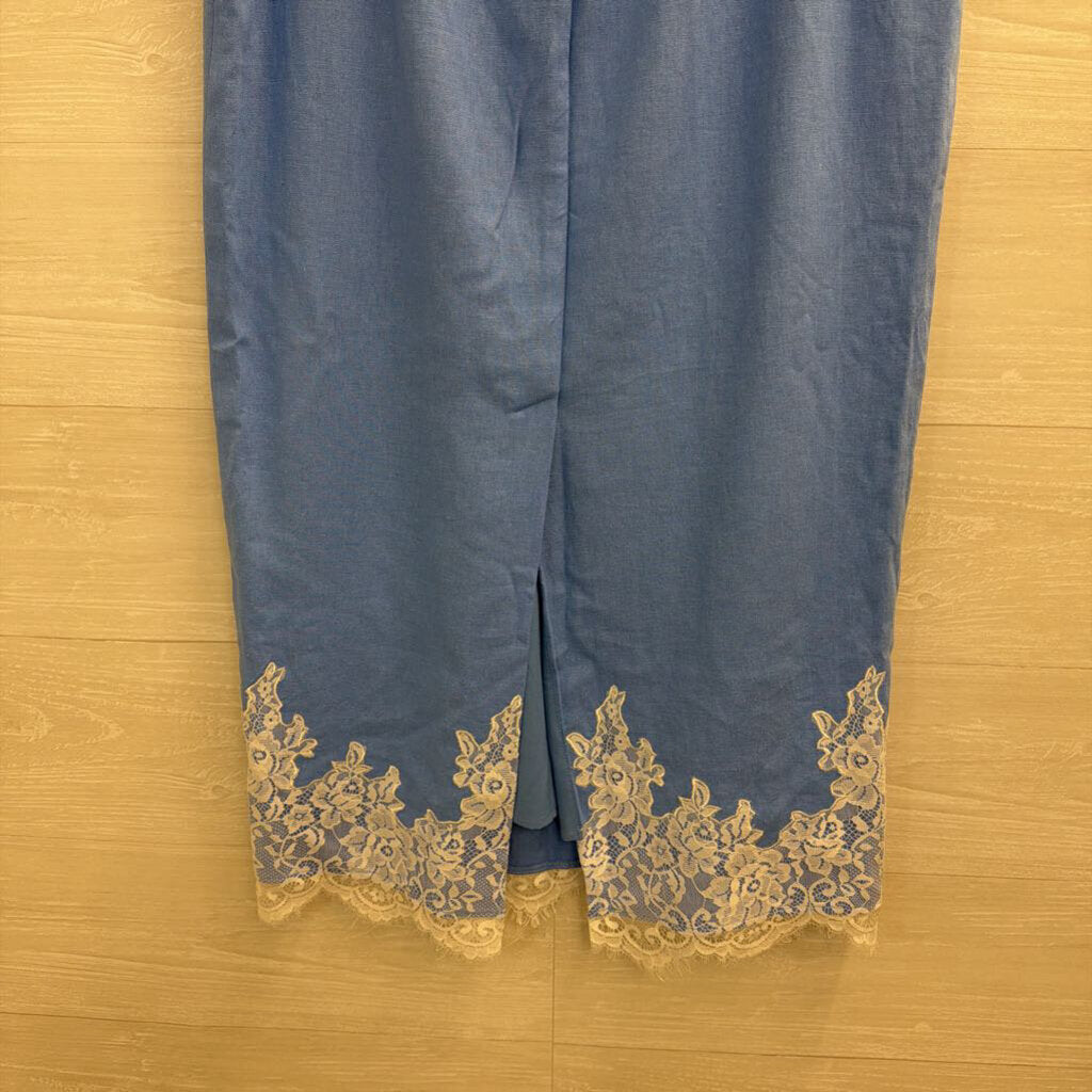 Wayf Blue/ White Lace Edge Maxi Skirt Large