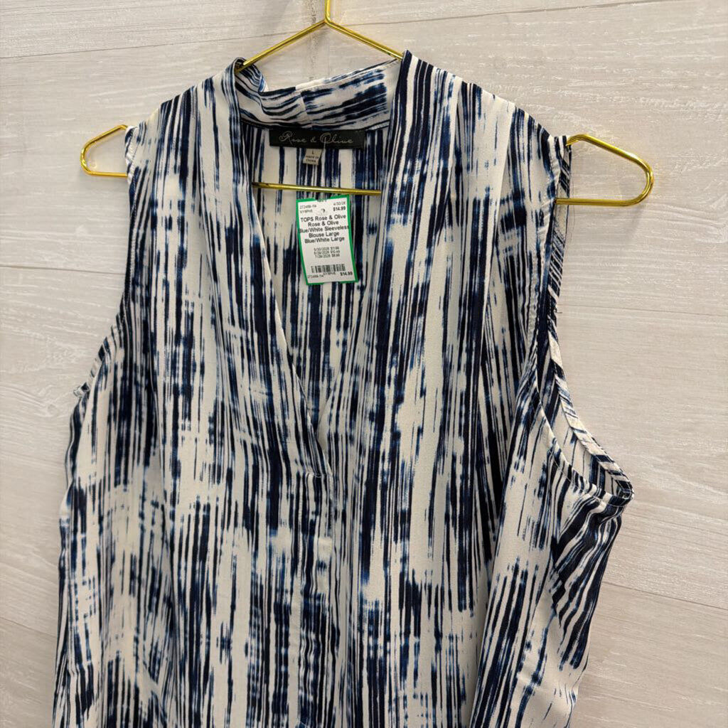 Rose & Olive Blue/White Sleeveless Blouse Large