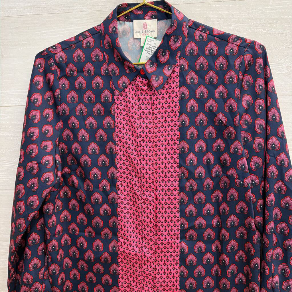 Julie Brown Pink/Navy Print Pattern Button Up 6