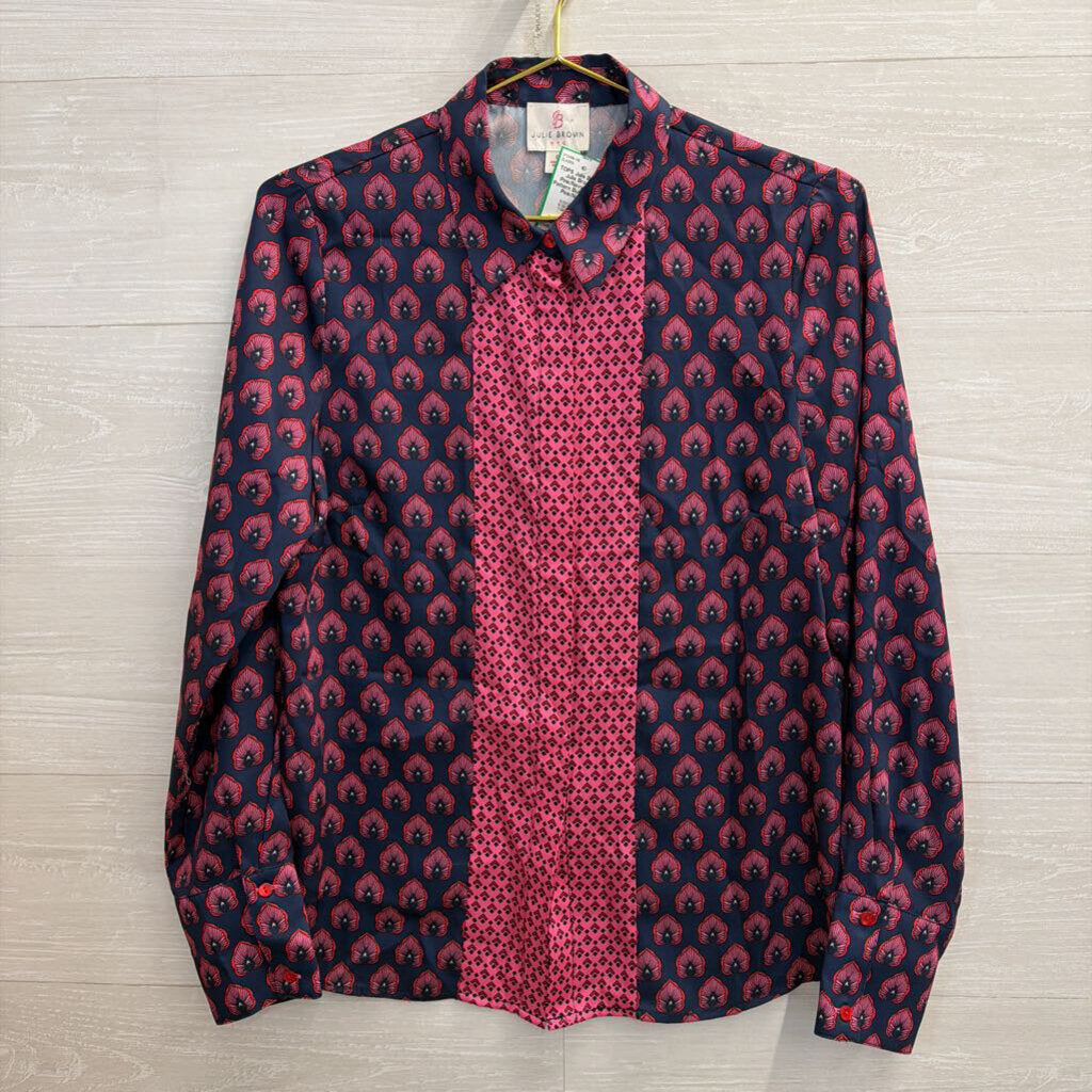 Julie Brown Pink/Navy Print Pattern Button Up 6