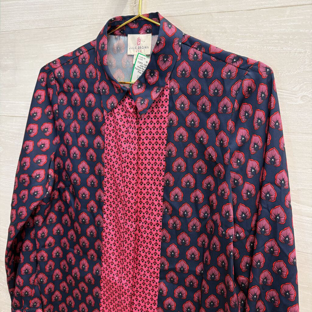 Julie Brown Pink/Navy Print Pattern Button Up 6