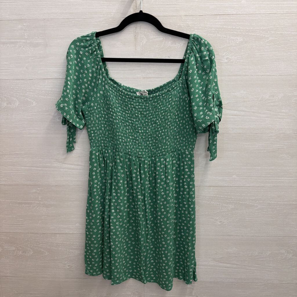 American Eagle Green/ White Print Smocked Top Short Sleeve Dress Medium