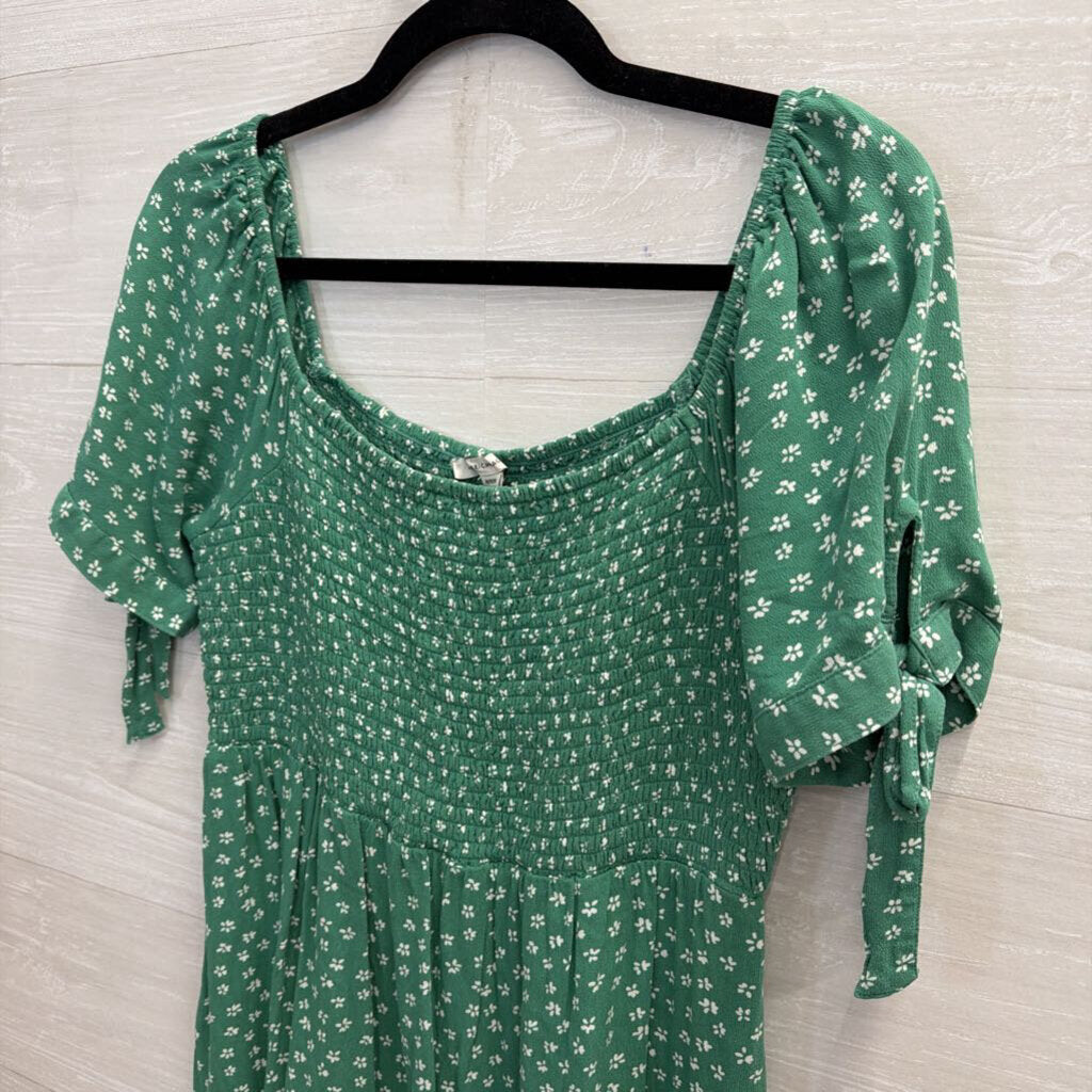 American Eagle Green/ White Print Smocked Top Short Sleeve Dress Medium