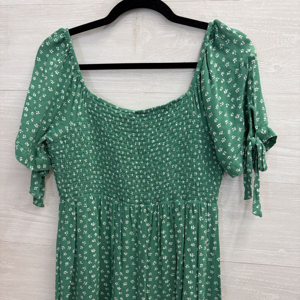 American Eagle Green/ White Print Smocked Top Short Sleeve Dress Medium