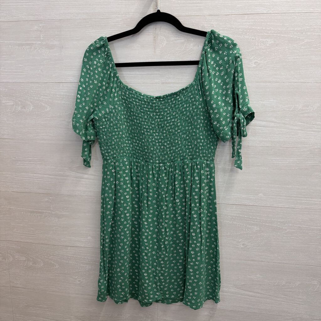 American Eagle Green/ White Print Smocked Top Short Sleeve Dress Medium
