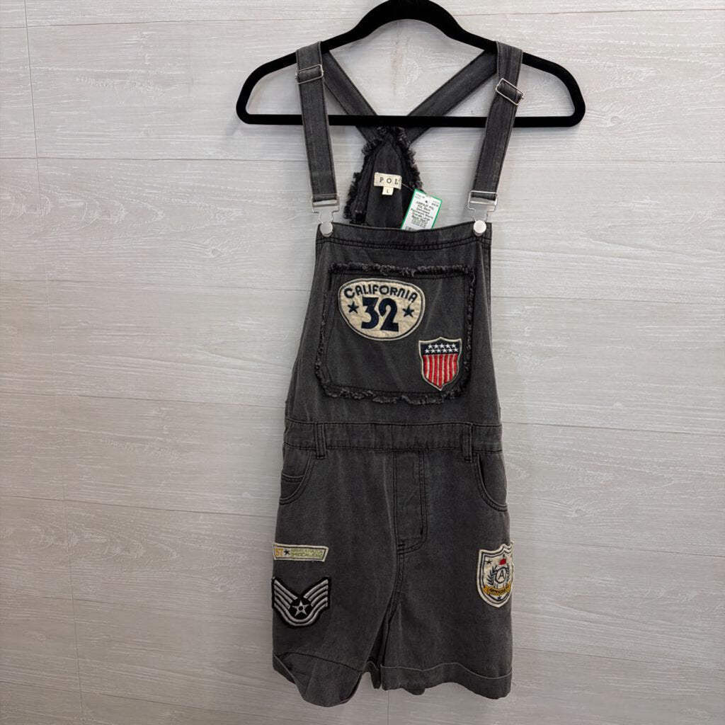 POL Black Distressed Patchwork Shorts Overalls Large