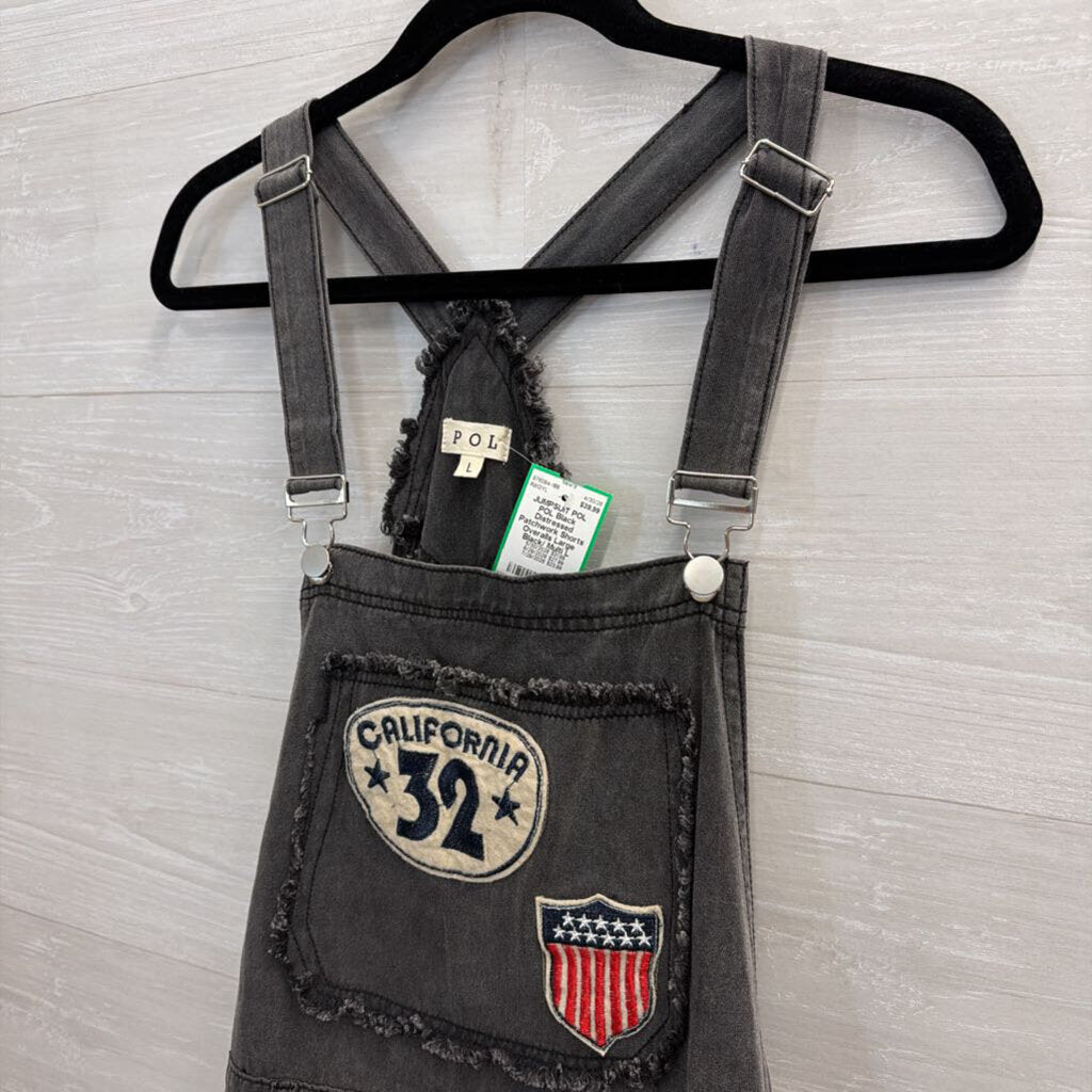 POL Black Distressed Patchwork Shorts Overalls Large