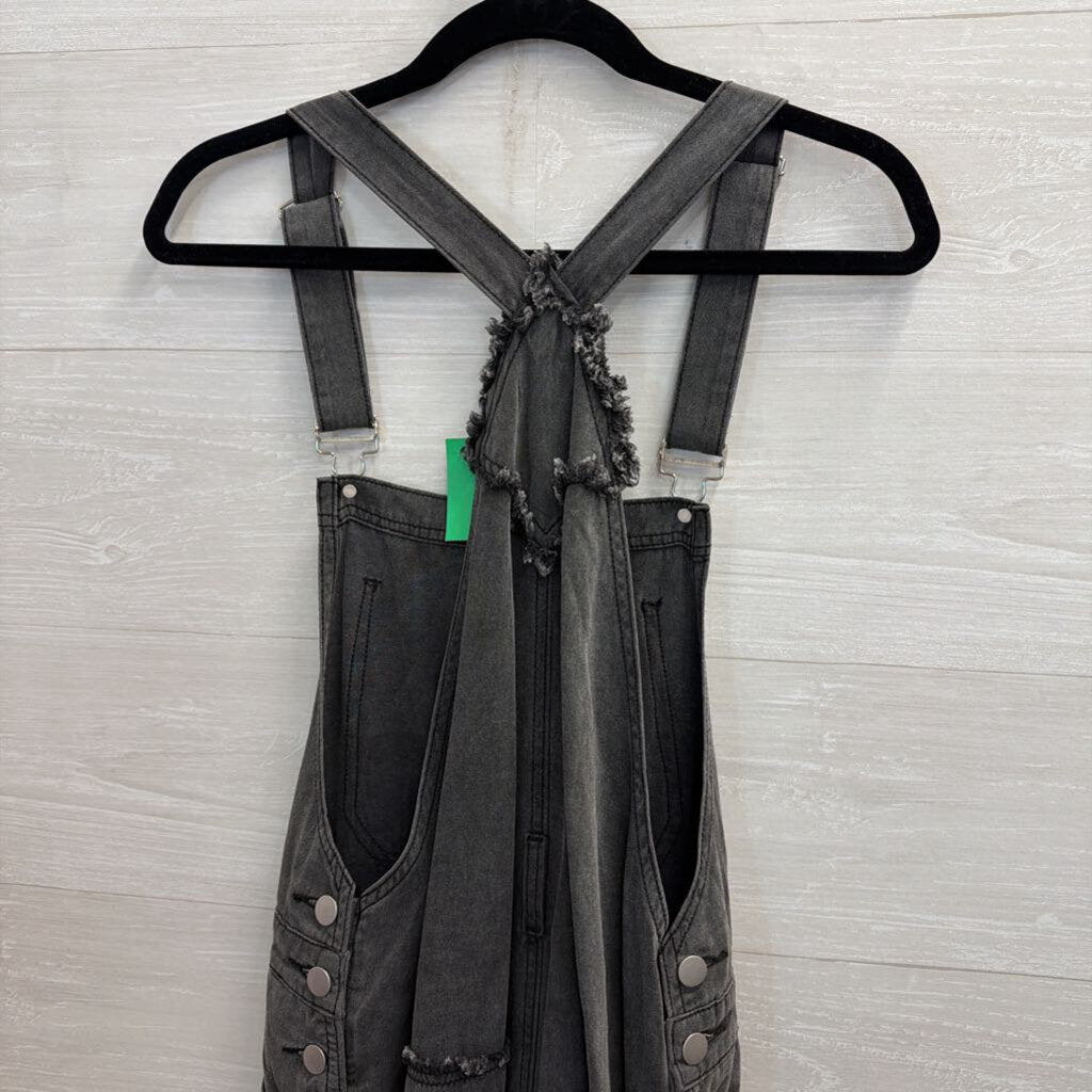 POL Black Distressed Patchwork Shorts Overalls Large