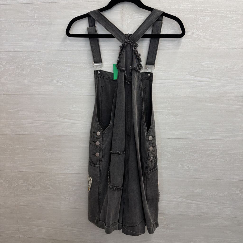 POL Black Distressed Patchwork Shorts Overalls Large