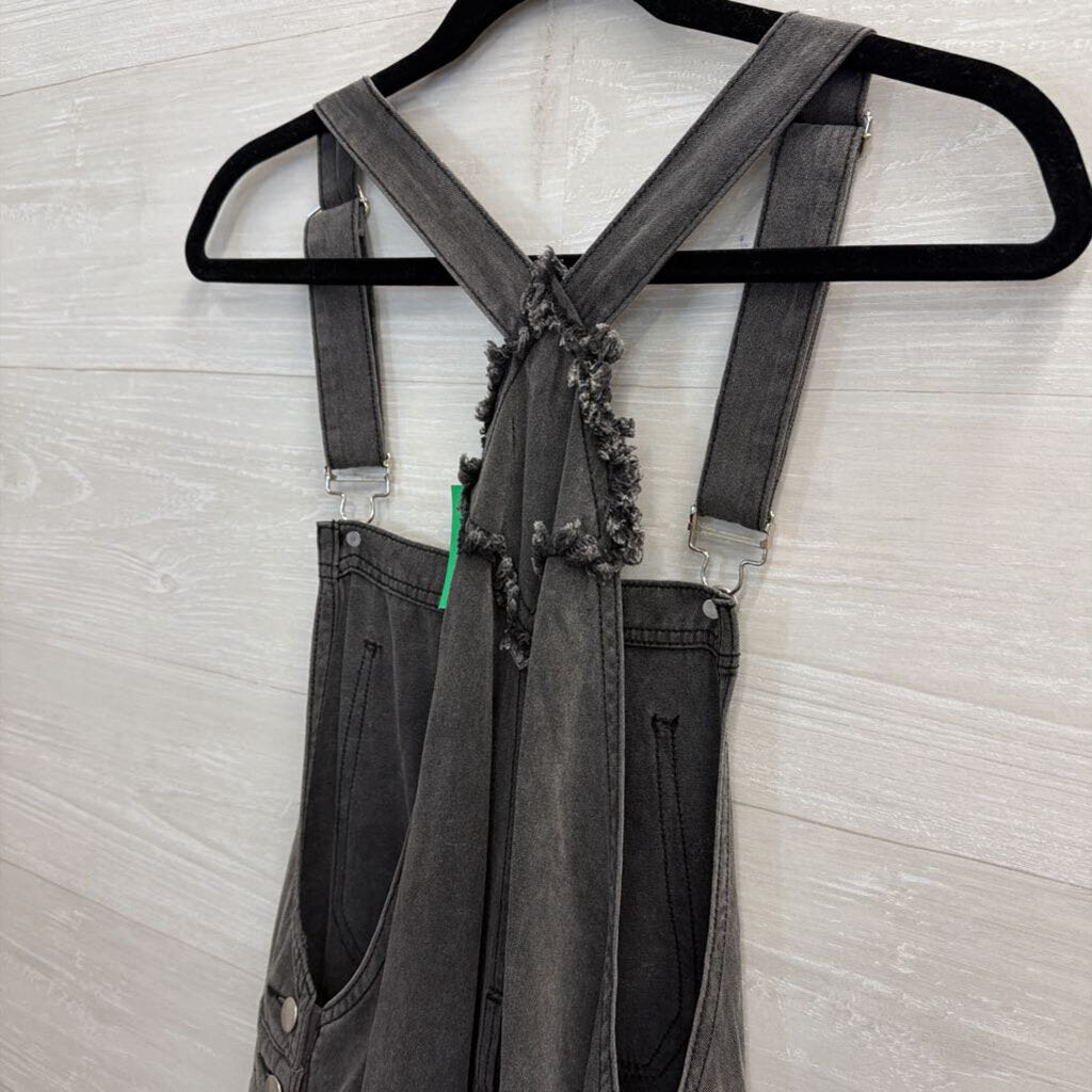 POL Black Distressed Patchwork Shorts Overalls Large