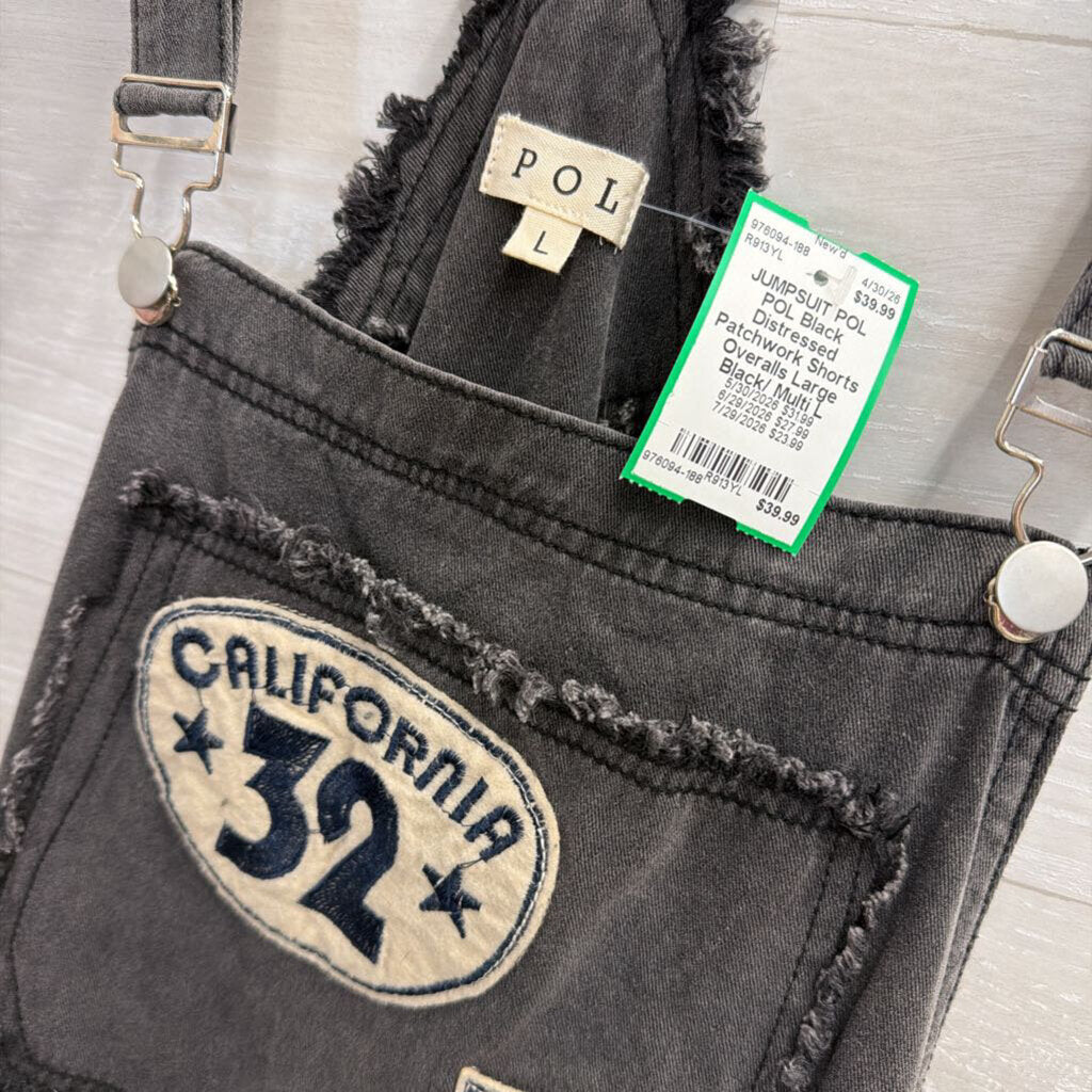 POL Black Distressed Patchwork Shorts Overalls Large