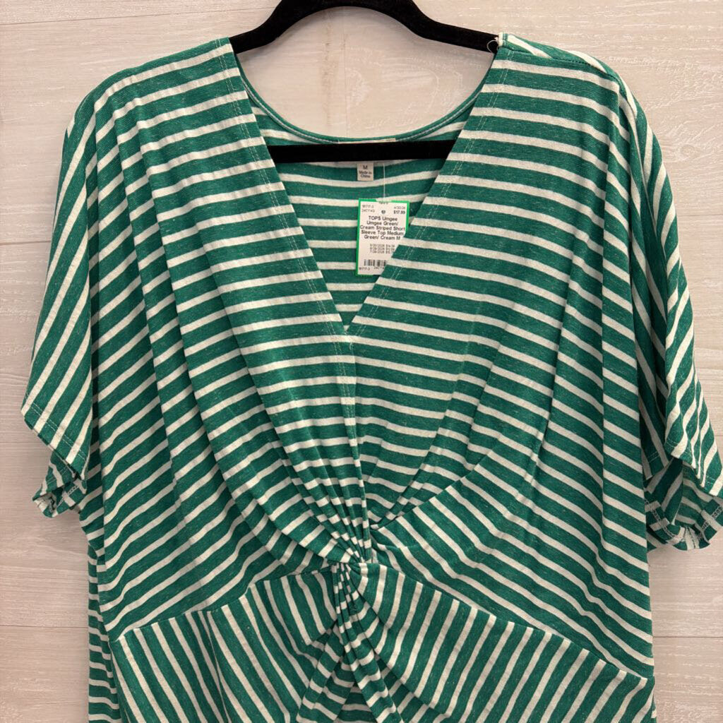Umgee Green/ Cream Striped Short Sleeve Top Medium