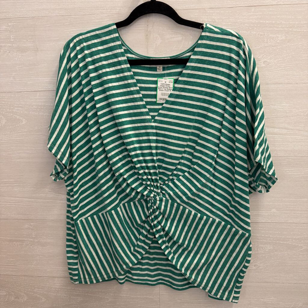 Umgee Green/ Cream Striped Short Sleeve Top Medium