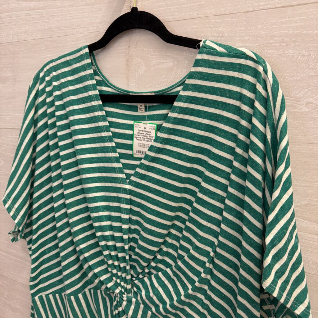 Umgee Green/ Cream Striped Short Sleeve Top Medium