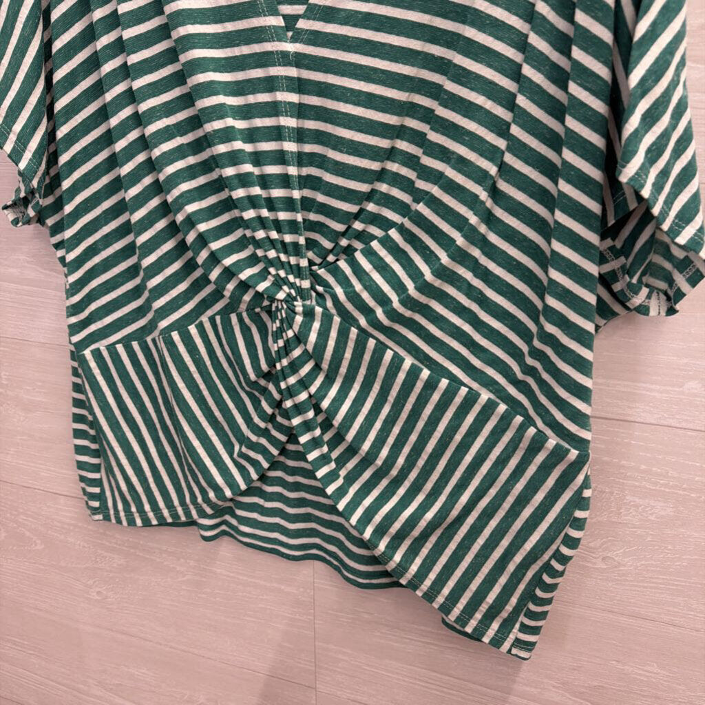 Umgee Green/ Cream Striped Short Sleeve Top Medium