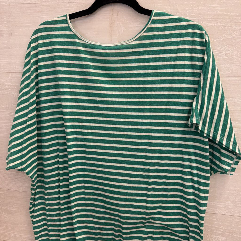 Umgee Green/ Cream Striped Short Sleeve Top Medium