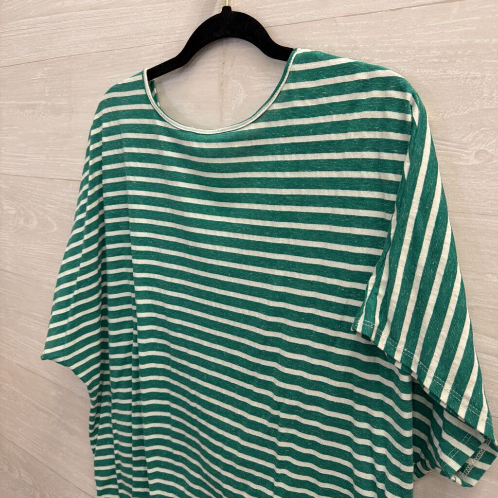 Umgee Green/ Cream Striped Short Sleeve Top Medium