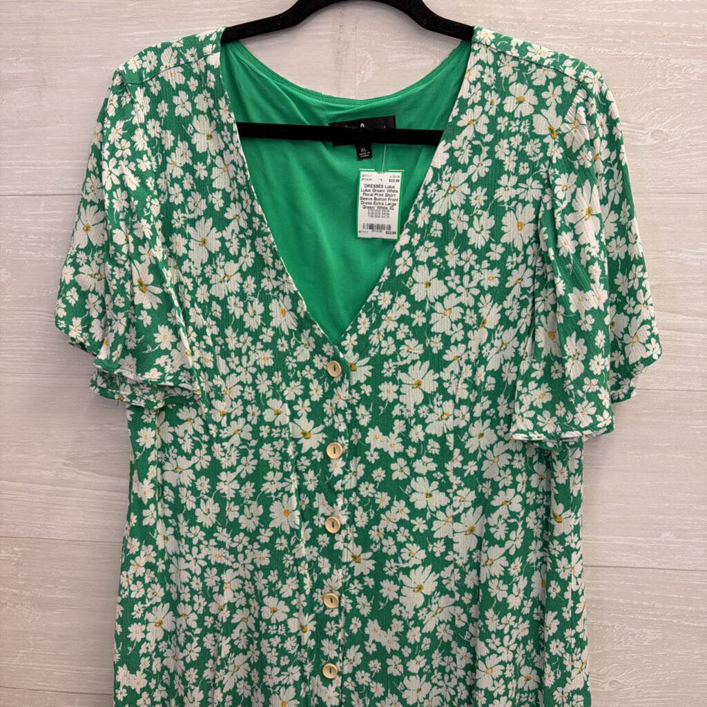 Lulus Green/ White Floral Print Short Sleeve Button Front Dress Extra Large