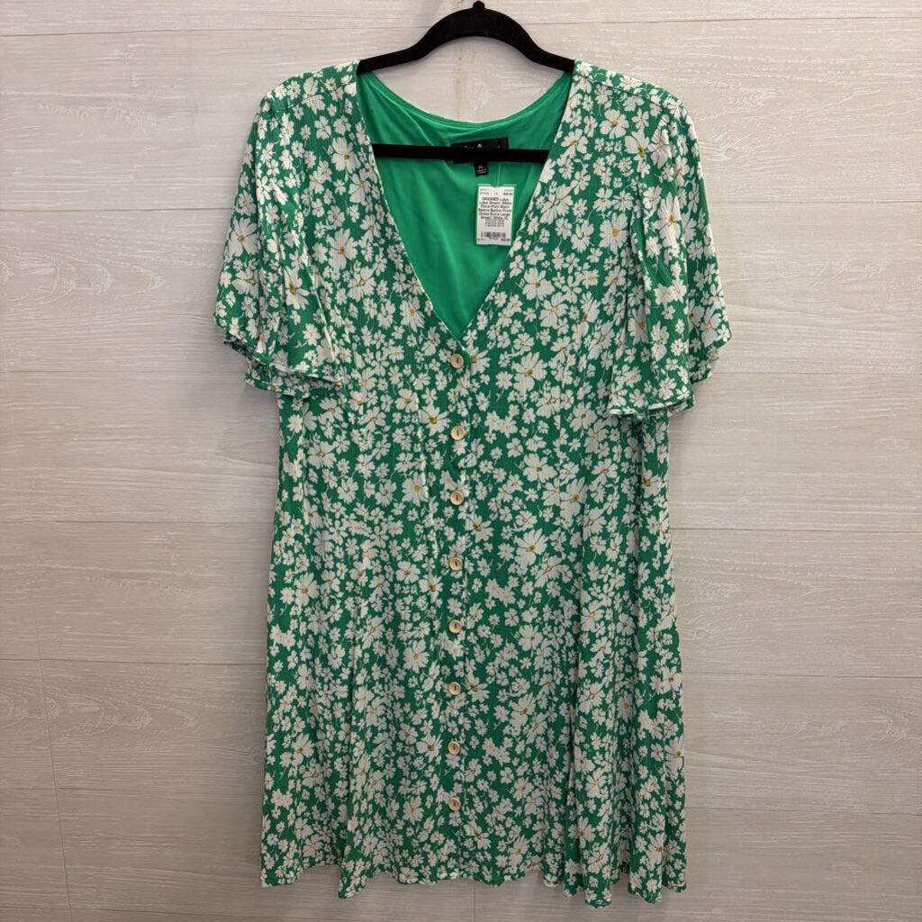 Lulus Green/ White Floral Print Short Sleeve Button Front Dress Extra Large