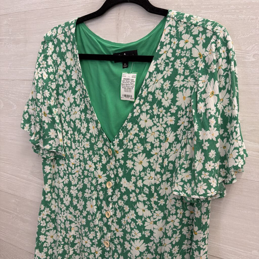 Lulus Green/ White Floral Print Short Sleeve Button Front Dress Extra Large