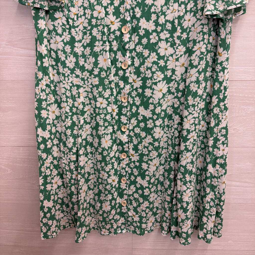 Lulus Green/ White Floral Print Short Sleeve Button Front Dress Extra Large