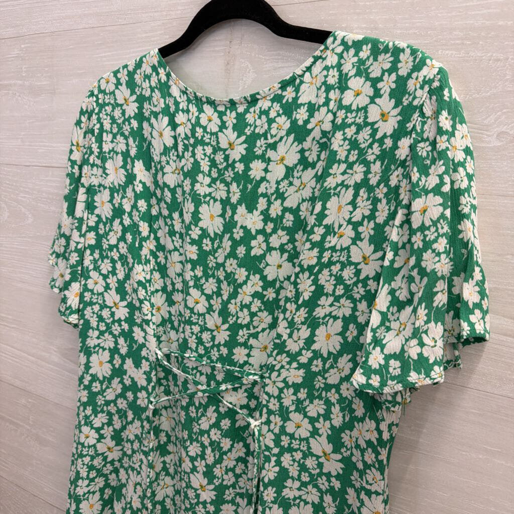 Lulus Green/ White Floral Print Short Sleeve Button Front Dress Extra Large