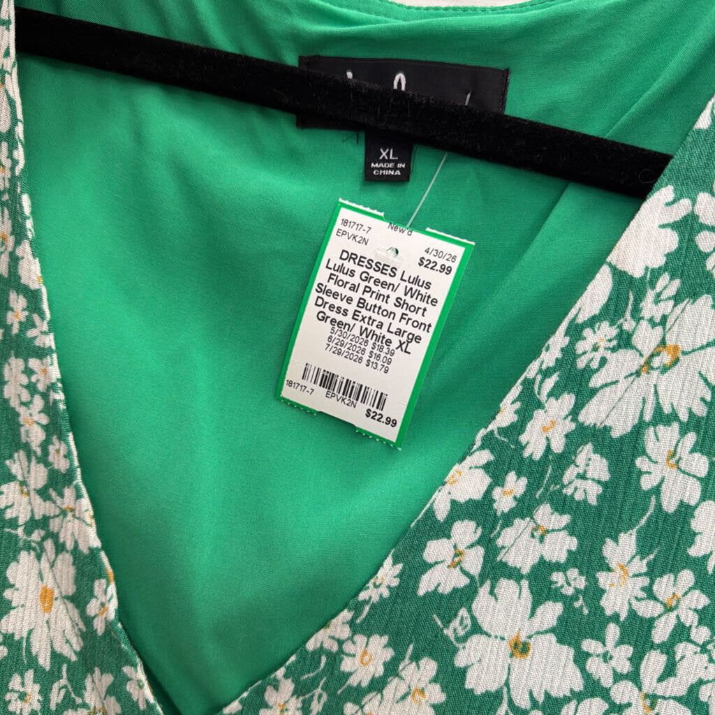 Lulus Green/ White Floral Print Short Sleeve Button Front Dress Extra Large