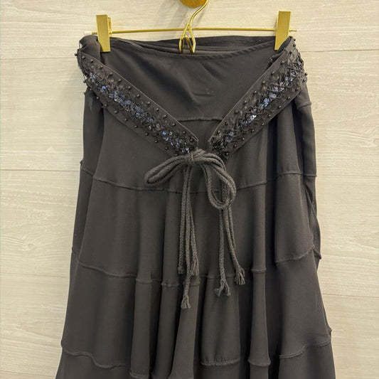 Vintage Clothing Co Black Tiered Midi Skirt With Belt Small Petite