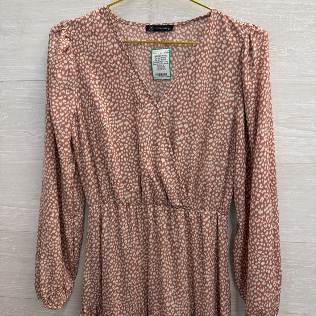 Pretty Garden Mauve Printed Maxi Long Sleeve Dress Small