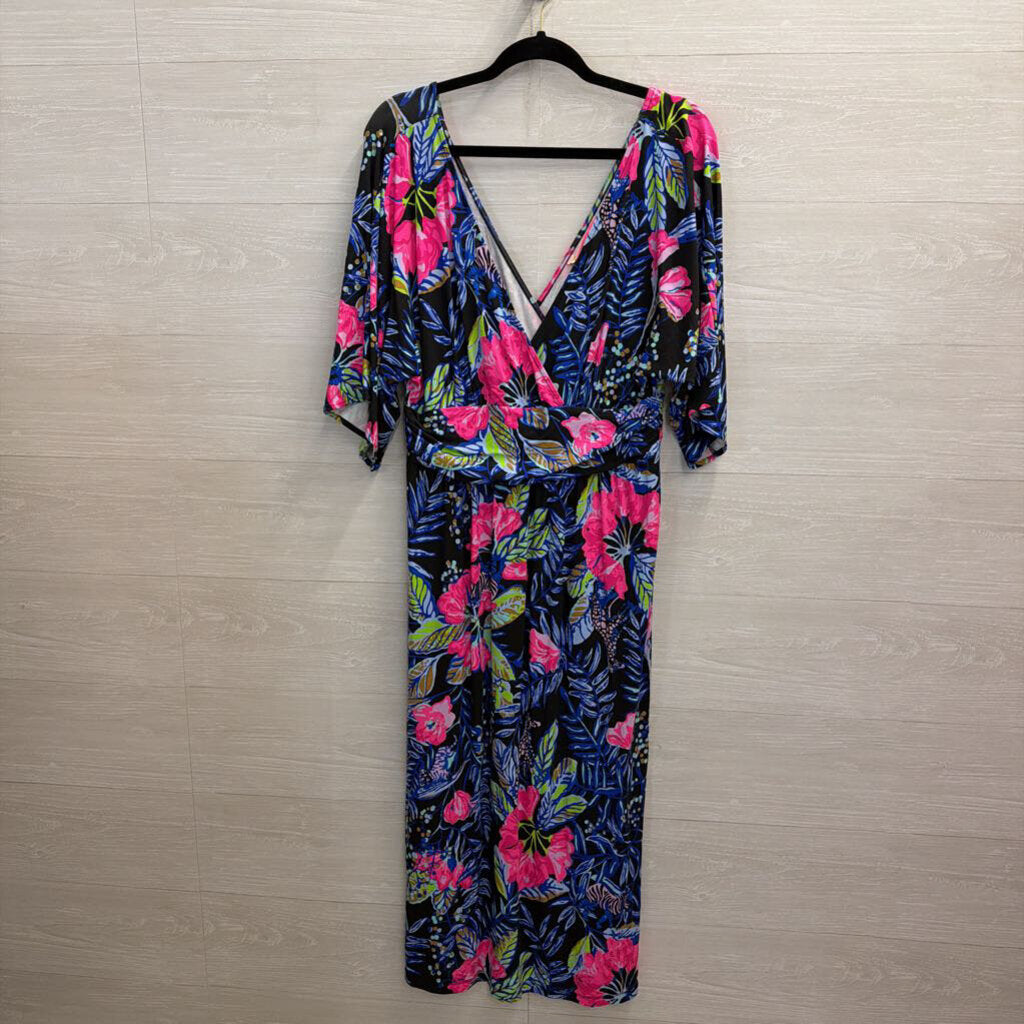 Lilly Pulitzer Parigi Elbow Sleeve Midi Black/Pink Print Large