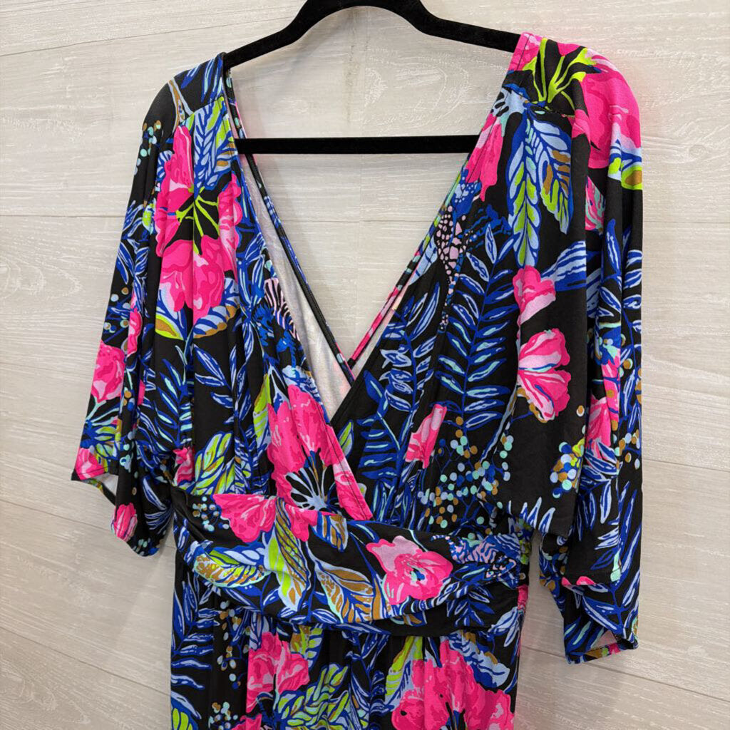 Lilly Pulitzer Parigi Elbow Sleeve Midi Black/Pink Print Large