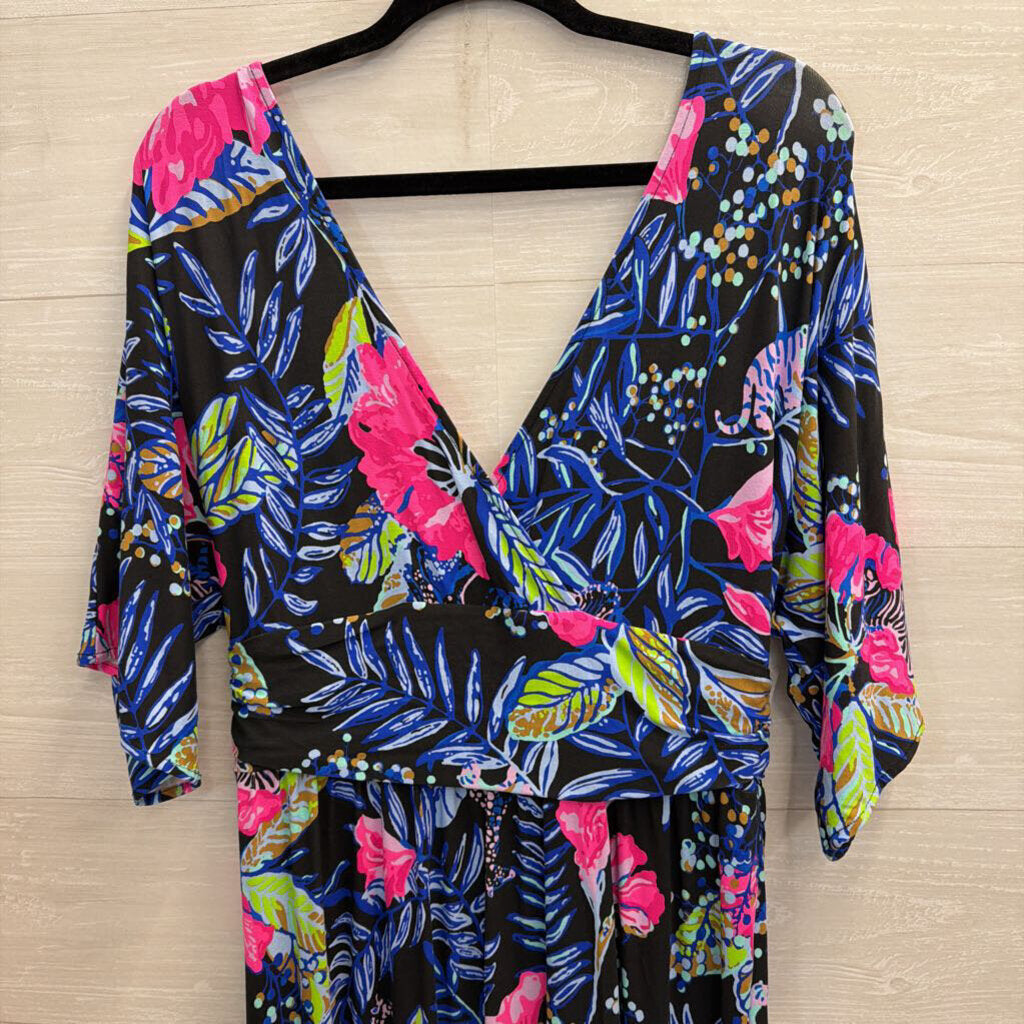 Lilly Pulitzer Parigi Elbow Sleeve Midi Black/Pink Print Large