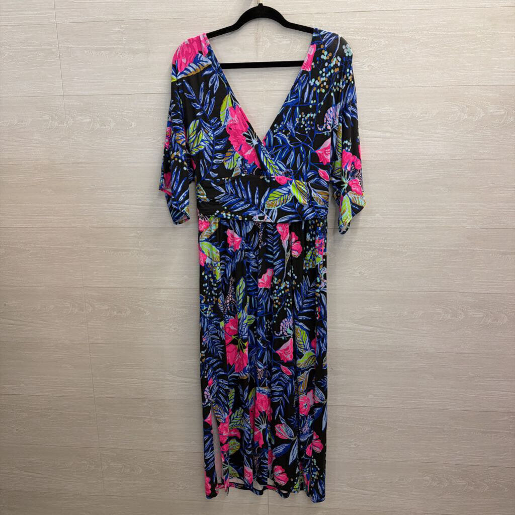 Lilly Pulitzer Parigi Elbow Sleeve Midi Black/Pink Print Large