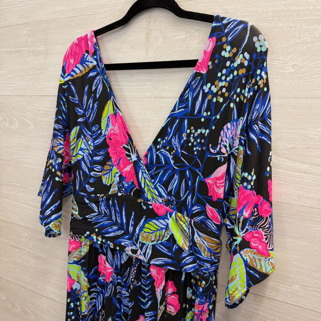 Lilly Pulitzer Parigi Elbow Sleeve Midi Black/Pink Print Large