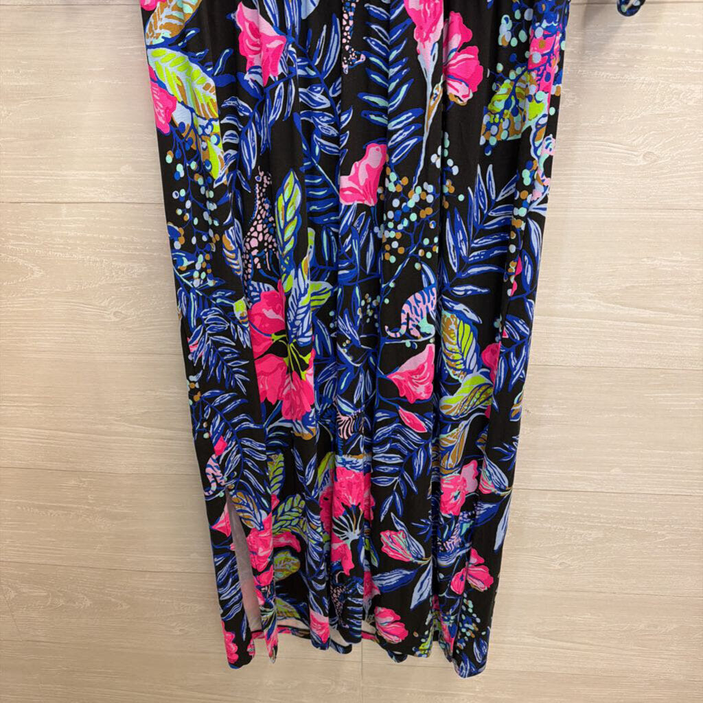 Lilly Pulitzer Parigi Elbow Sleeve Midi Black/Pink Print Large