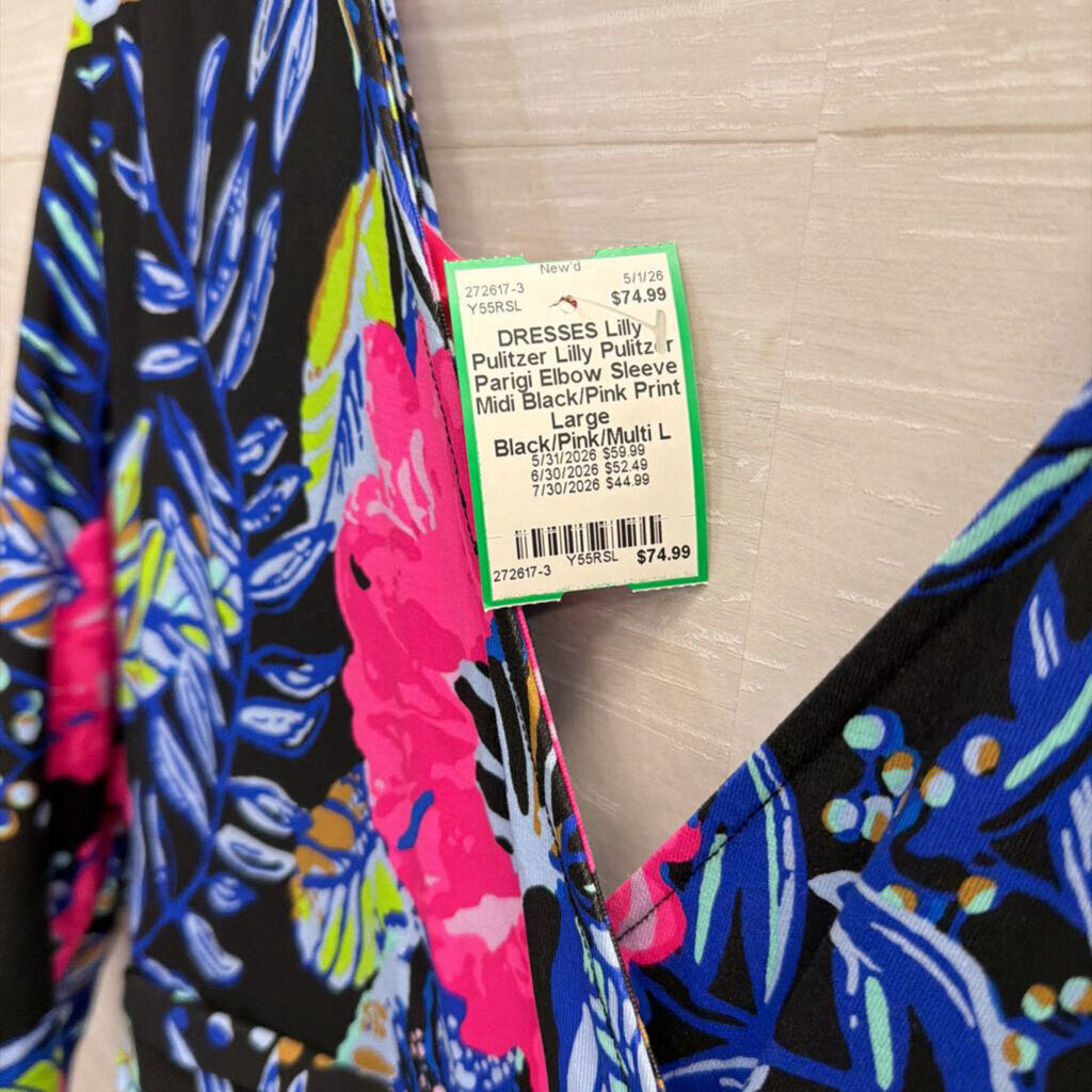 Lilly Pulitzer Parigi Elbow Sleeve Midi Black/Pink Print Large