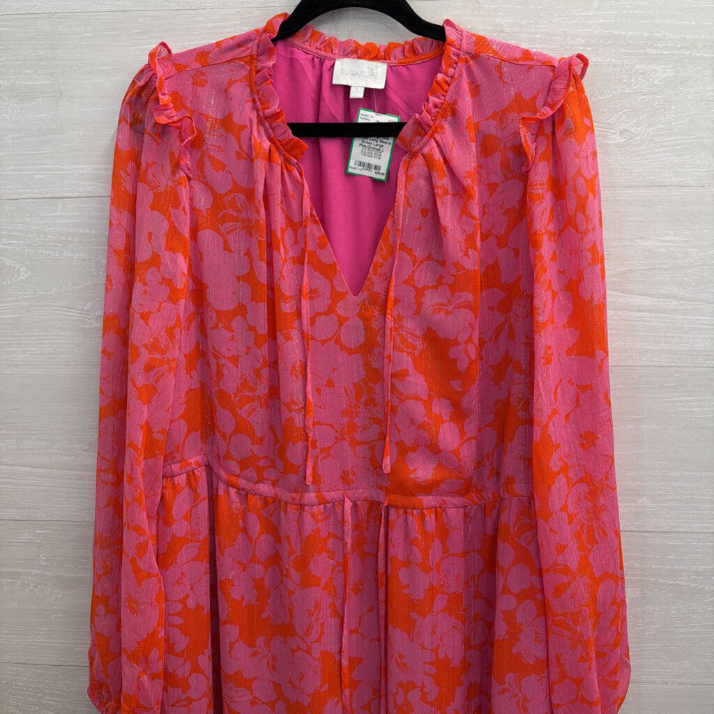 Sugarlips Pink/Orange Midi Printed Long Sleeve Dress Large