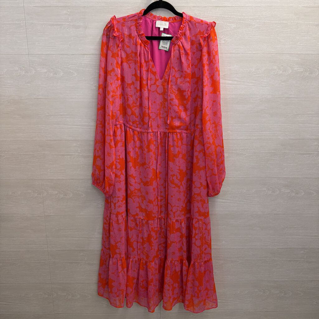 Sugarlips Pink/Orange Midi Printed Long Sleeve Dress Large