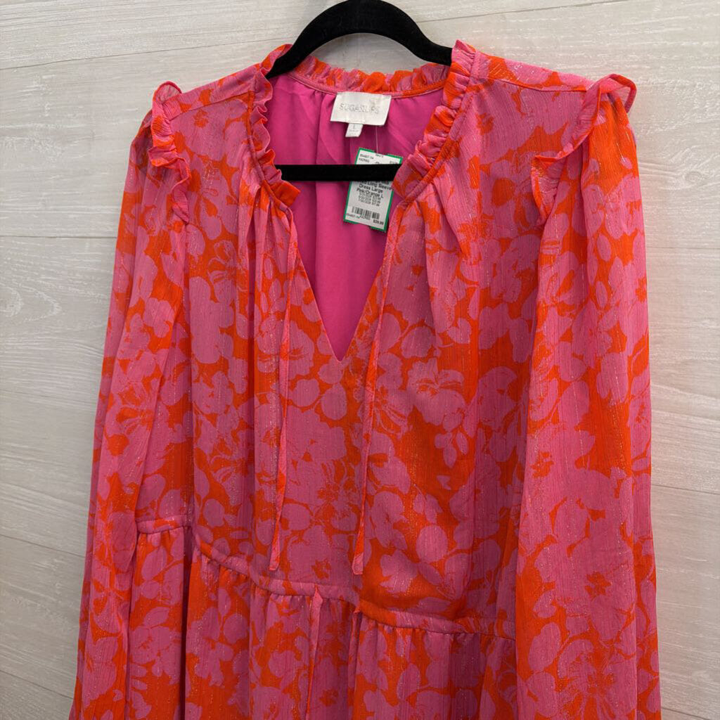 Sugarlips Pink/Orange Midi Printed Long Sleeve Dress Large