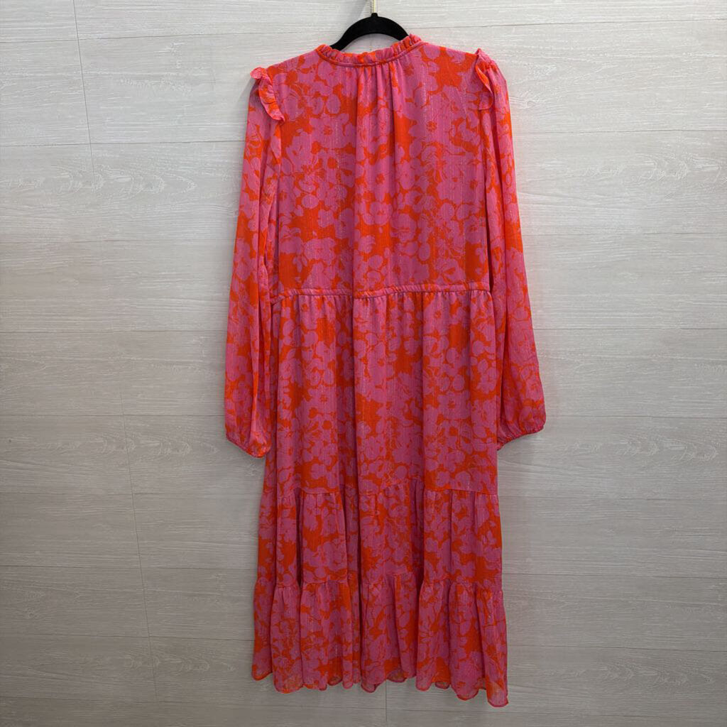 Sugarlips Pink/Orange Midi Printed Long Sleeve Dress Large