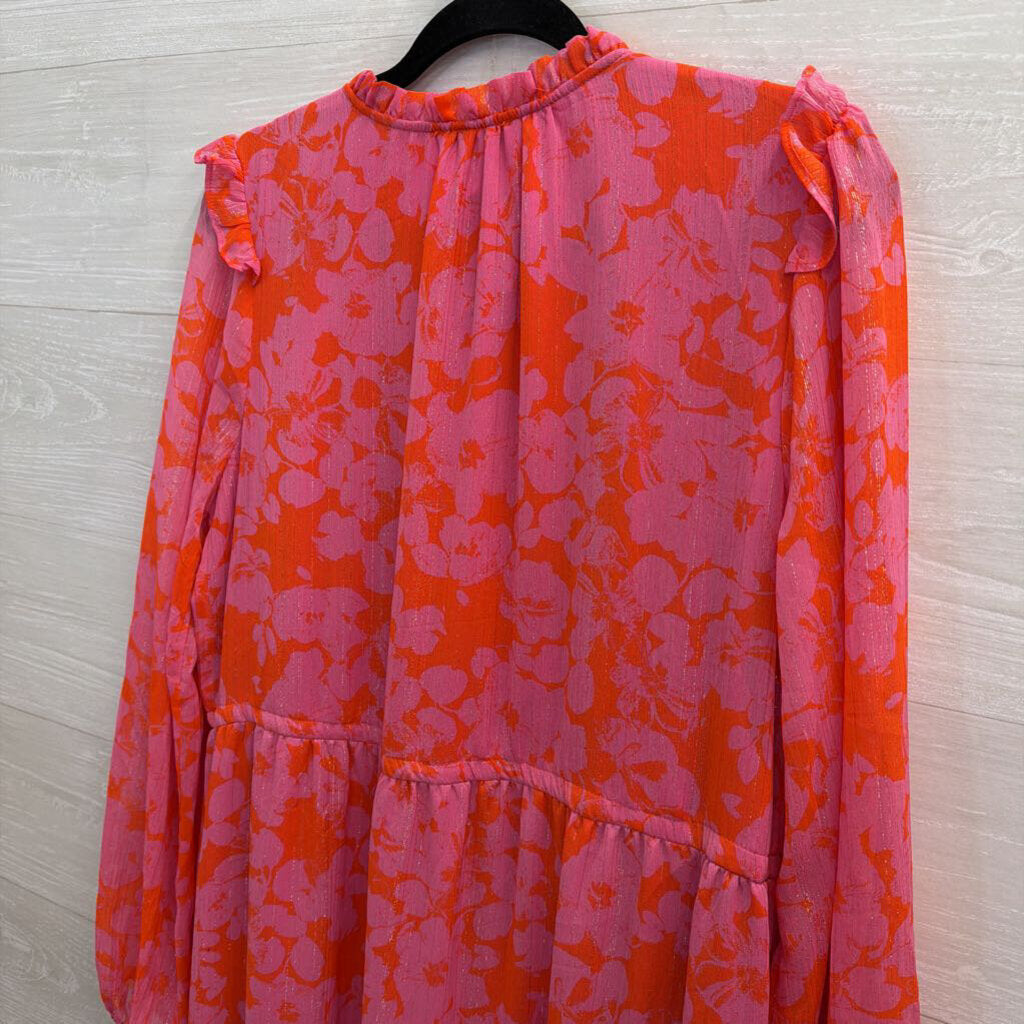 Sugarlips Pink/Orange Midi Printed Long Sleeve Dress Large