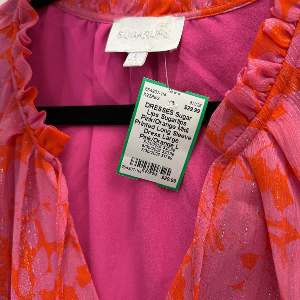 Sugarlips Pink/Orange Midi Printed Long Sleeve Dress Large